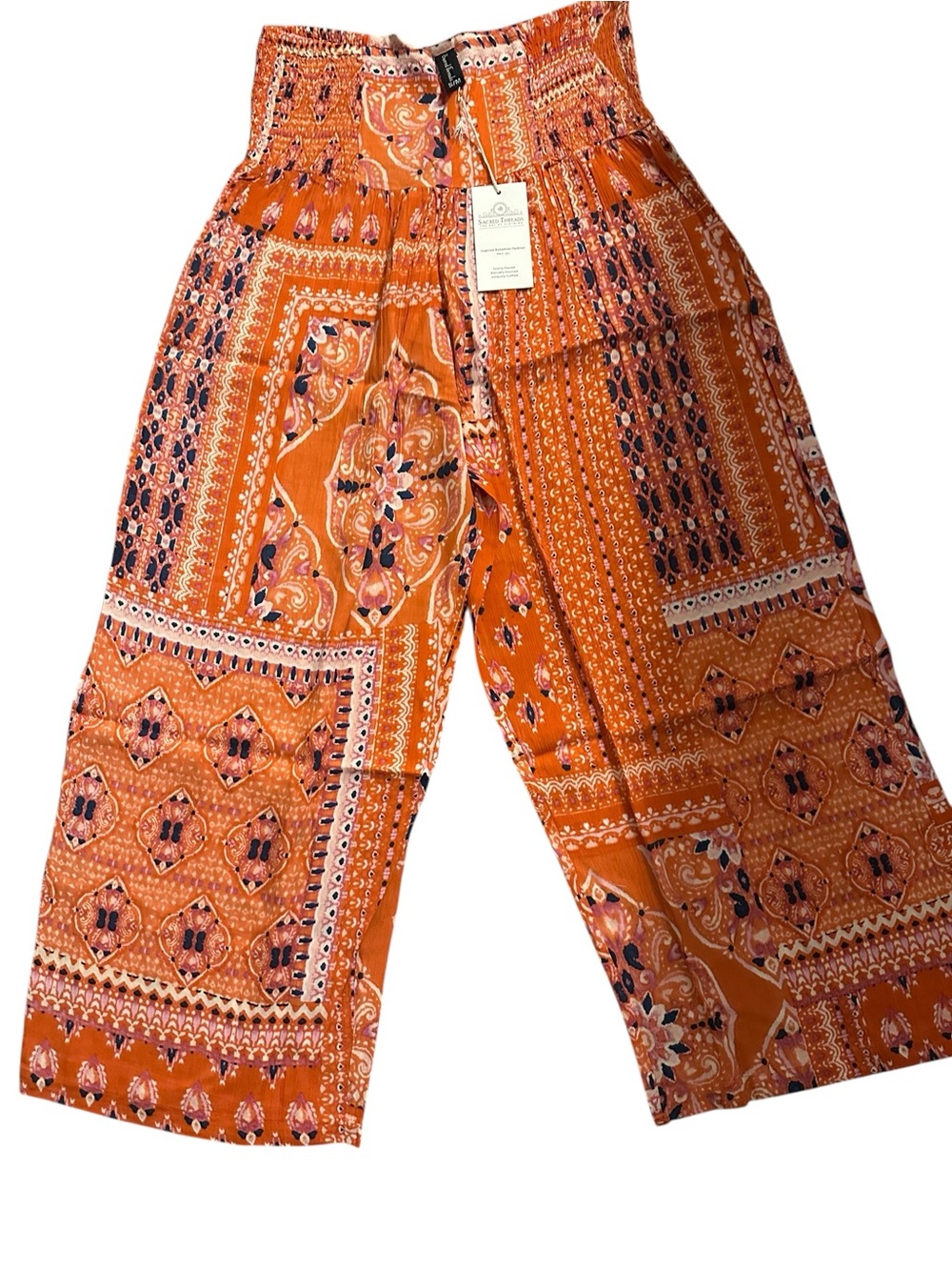 S/M. Sacred Threads Orange Paisley Patchwork Wide-Leg Pants. BL/GR 225032
